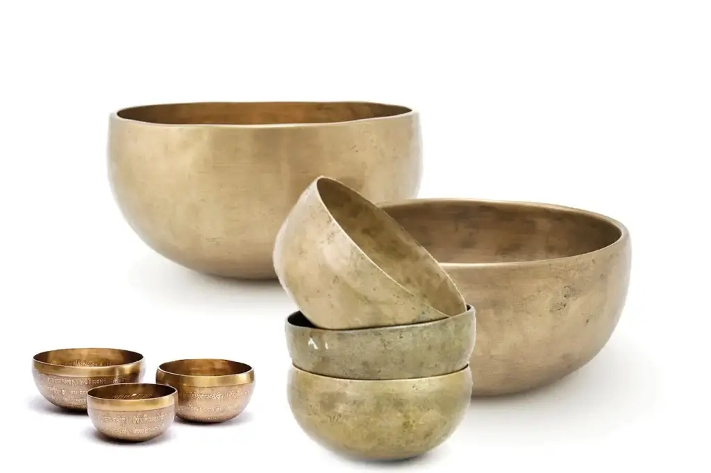 Handcrafted Tibetan singing bowl set used for sound healing and chakra meditation