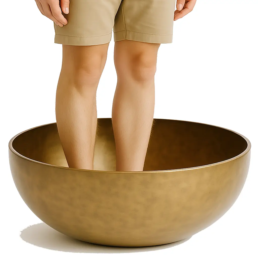 Person standing inside a large singing bowl during sound session