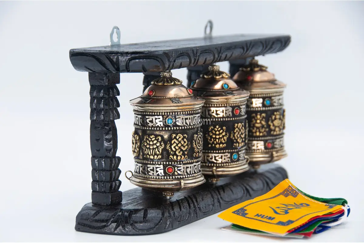 Prayer wheel with Om Mani Padme Hum and Eight Auspicious Symbols on wooden frame
