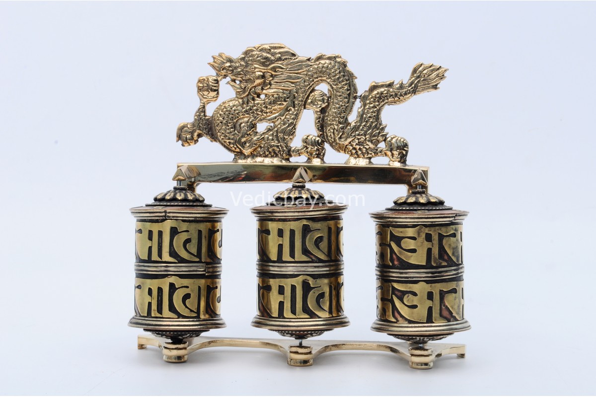 8-inch Tibetan Dragon Prayer Wheel – 3-in-1 wall hanging or tabletop use – Handmade brass mantra wheel from Nepal