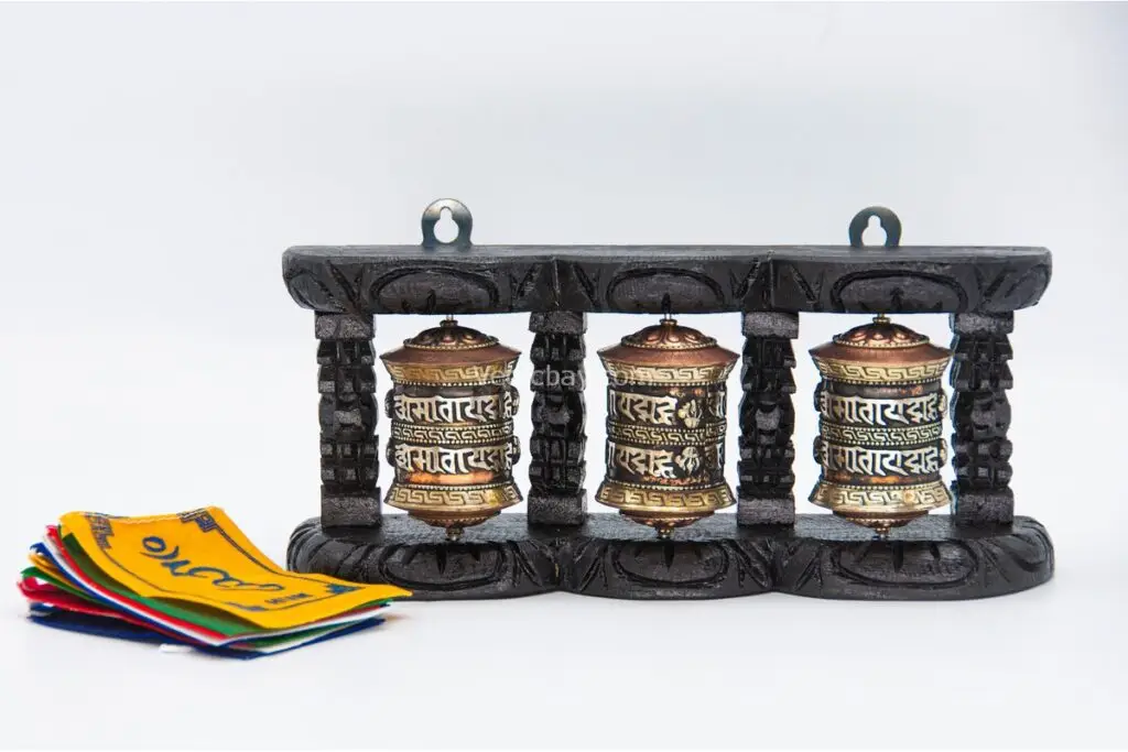 3-in-1 Tibetan Prayer Wheel with wooden frame – tabletop and wall mount design
