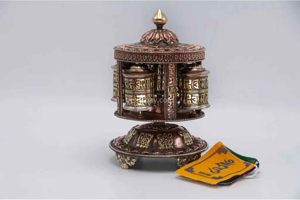 5-Roll Tibetan Prayer Wheel with sacred mantra and embossed copper wheels