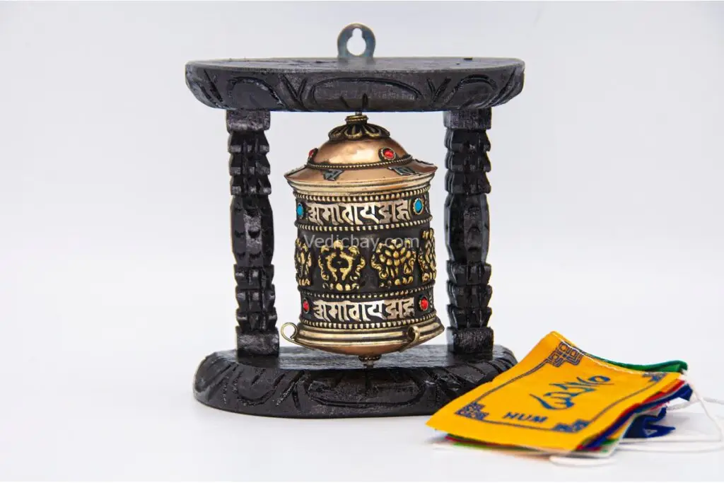 8 Lucky Symbol Prayer Wheel with copper cylinder and wooden frame – handmade in Nepal