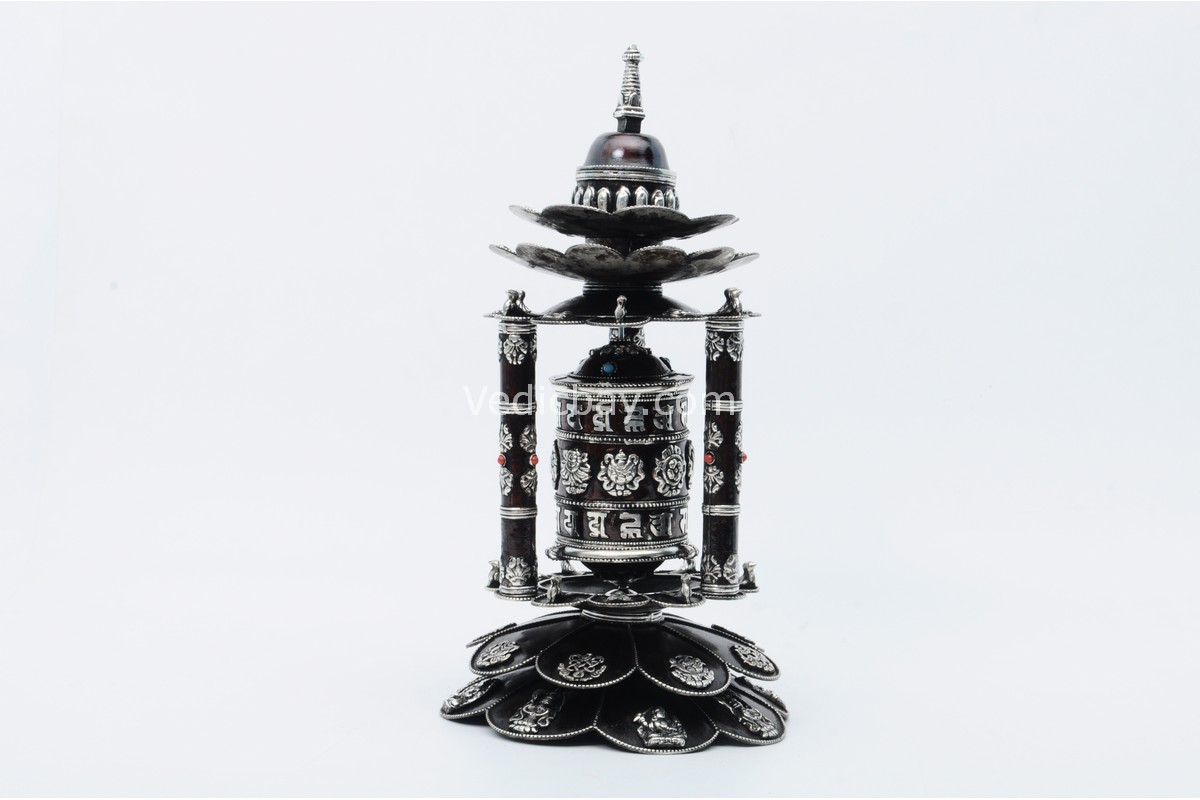 14-inch tabletop Tibetan prayer wheel with incense and candle holder – Handmade in Nepal with mantra and 8 auspicious symbols