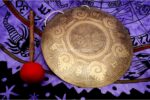 Dharma Chakra Carved Tibetan Gong – Handmade Gong with Mantra Decoration for Sound Healing and Meditation – Deep Tone – Made in Nepal