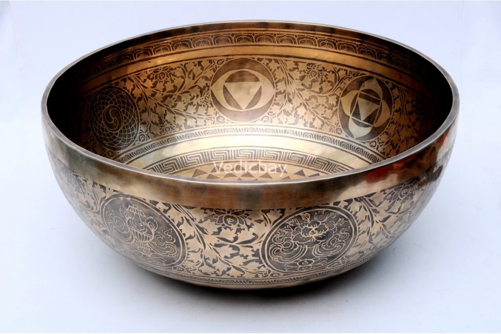 Extra large handmade singing bowl with Flower of Life, chakra symbols, Om, and Eight Auspicious Symbols