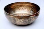 Extra large handmade singing bowl with Flower of Life, chakra symbols, Om, and Eight Auspicious Symbols