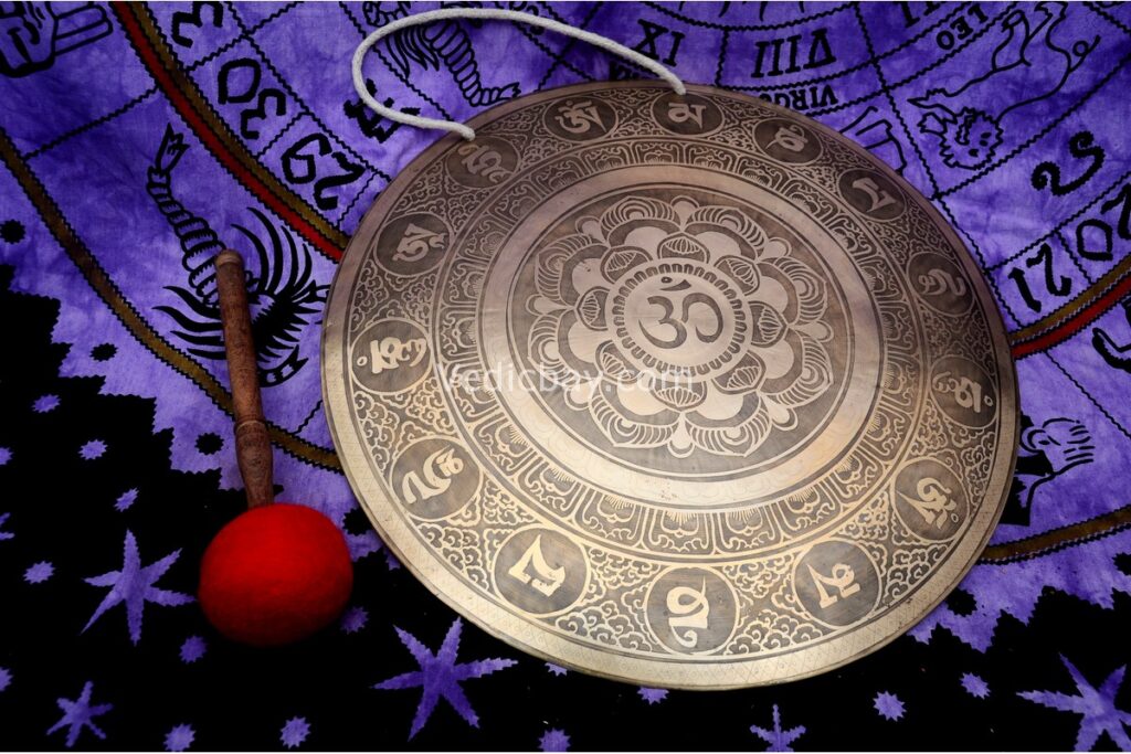 Hindu OM Carved Tibetan Gong – Handmade Gong for Sound Healing and Meditation – Deep Resonant Tone – Includes Felt Striker – Made in Nepal