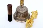 7-inch tall Tibetan Bell and Dorje set – handcrafted from a traditional bronze alloy with detailed engravings, producing rich, resonant sound ideal for meditation, rituals, and sound healing.