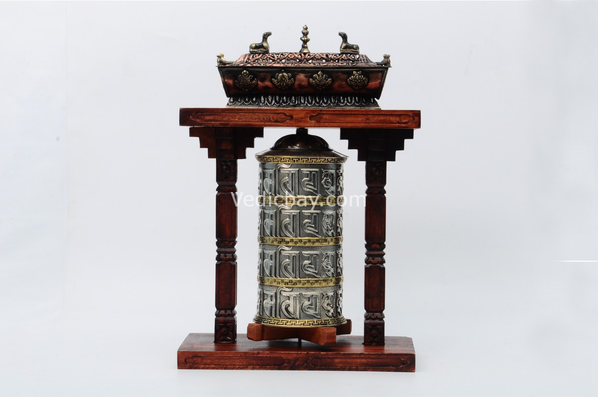 15-inch Tibetan Prayer Wheel with pagoda design and incense burner – Handmade wooden frame from Nepal – VedicBay
