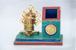 Prayer Wheel Pen Holder – Tibetan Desk Ornament with Stone Inlay – Handmade in Nepal