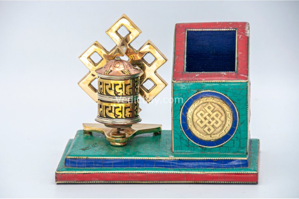 Prayer Wheel Pen Holder – Tibetan Desk Ornament with Stone Inlay – Handmade in Nepal