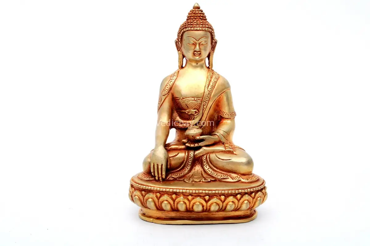 Handmade Shakyamuni Buddha Statue seated in meditation posture – crafted from brass with intricate detailing, ideal for spiritual decor and altar use.