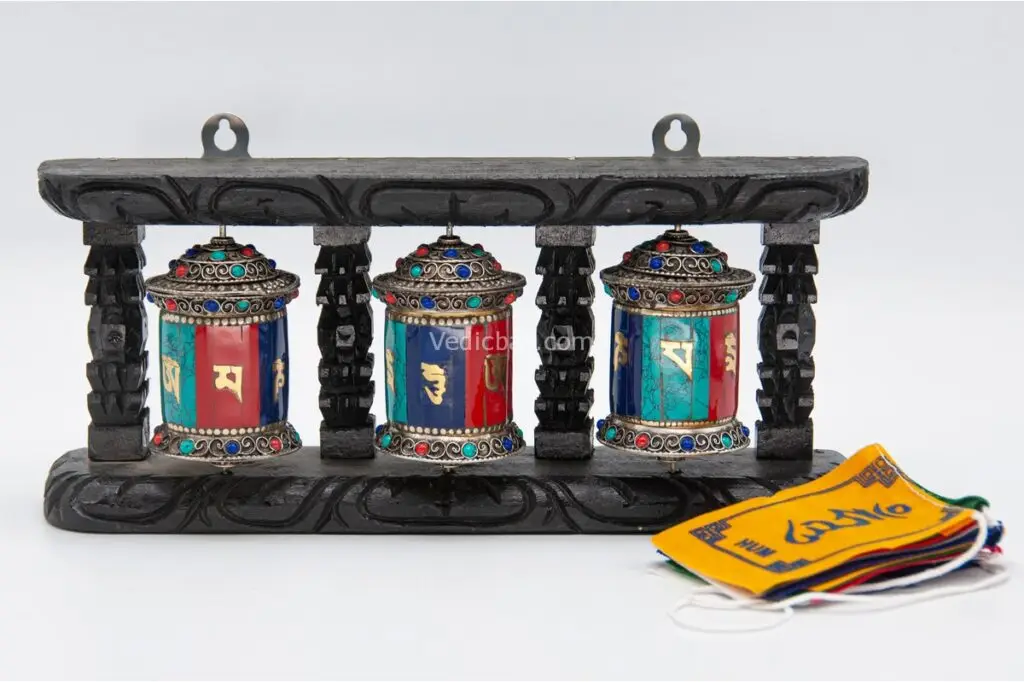 Turquoise Coral Lapis Tibetan Prayer Wheel with carved wooden frame – 3-in-1 design