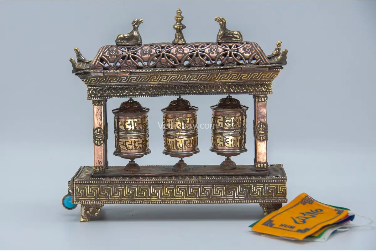 Potala Palace Design Prayer Wheel with five copper mantra wheels and incense burner lid – handmade in Nepal