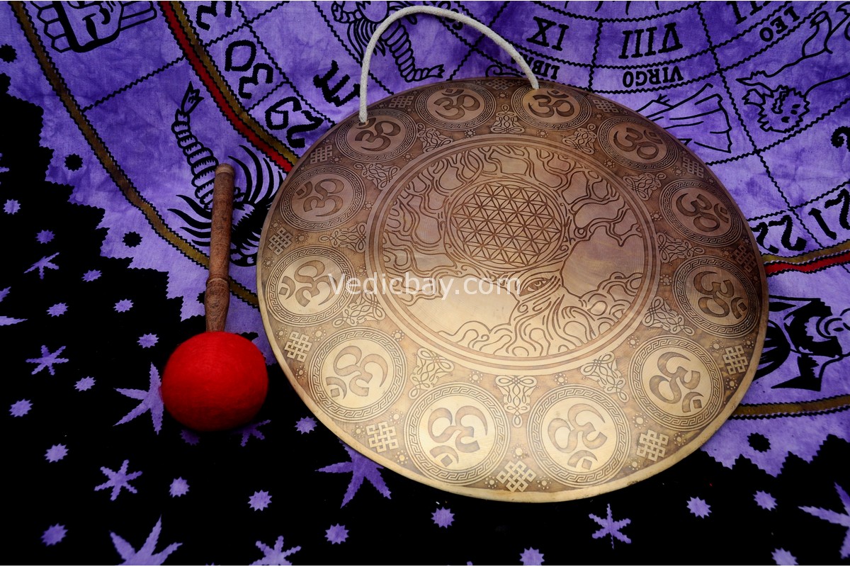 Tree of Life Carved Tibetan Gong – Handmade Gong with Mantra Decoration – Deep Resonant Sound for Chakra Healing and Meditation – From Nepal