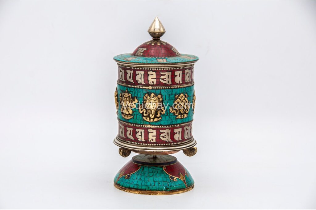 10-Inch Table Top Tibetan Prayer Wheel with Eight Lucky Symbols and stone inlay – Handmade in Nepal