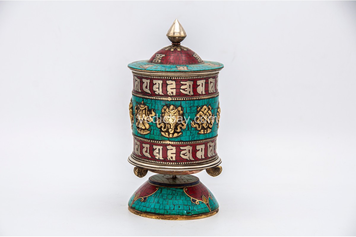 10-Inch Table Top Tibetan Prayer Wheel with Eight Lucky Symbols and stone inlay – Handmade in Nepal