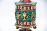 10-Inch Table Top Tibetan Prayer Wheel with Eight Lucky Symbols and stone inlay – Handmade in Nepal