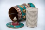 10-Inch Table Top Tibetan Prayer Wheel with Eight Lucky Symbols and stone inlay – Handmade in Nepal