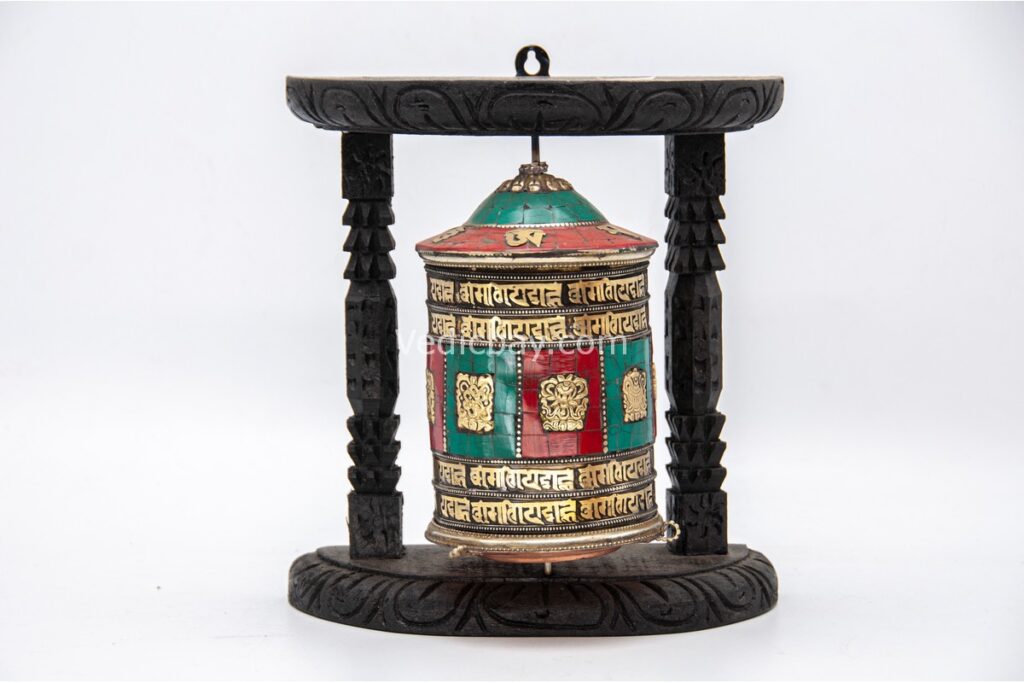 9-inch wall-hanging Tibetan Prayer Wheel with Eight Lucky Symbols and Om Mani Padme Hum mantra, handmade in Nepal