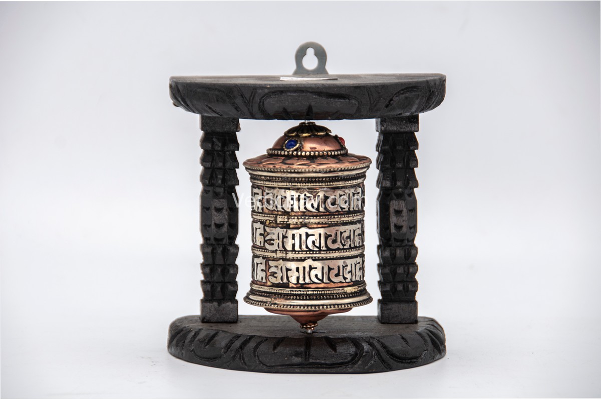 5-inch wall-mounted Tibetan Prayer Wheel with Om Mani Padme Hum mantra, handcrafted in Nepal