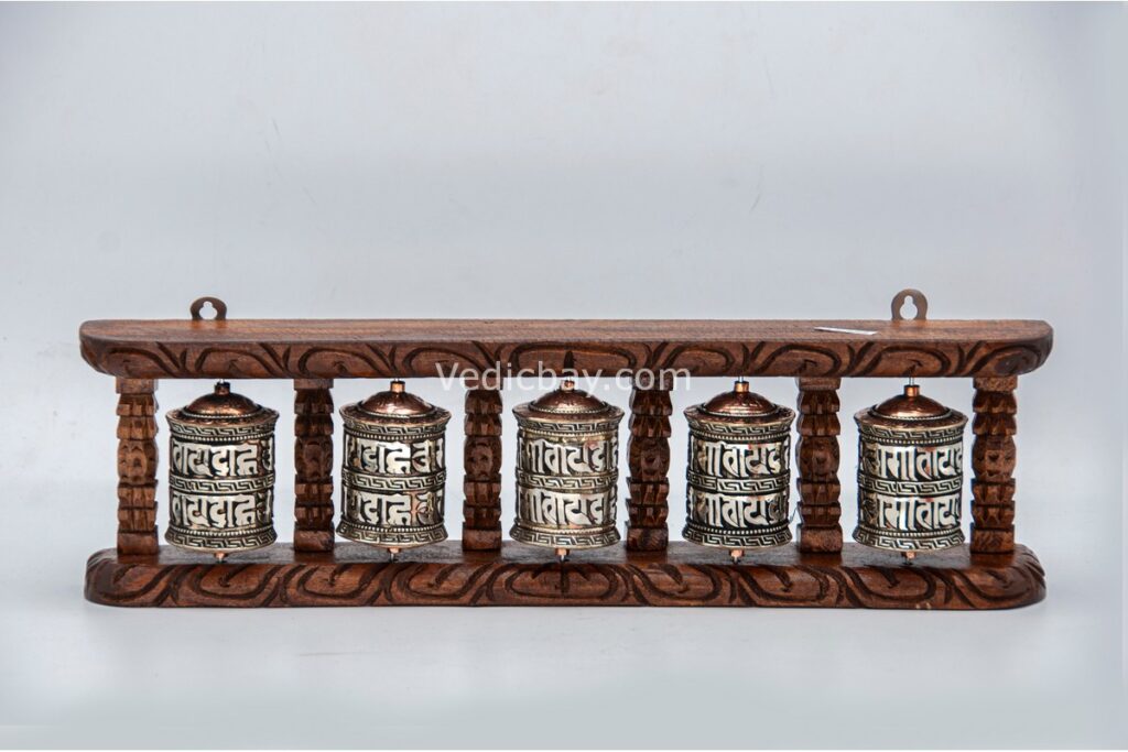 “5-in-1 Tibetan Prayer Wheel with two-line mantra – 15.5 inch brass and wood – handmade in Nepal”