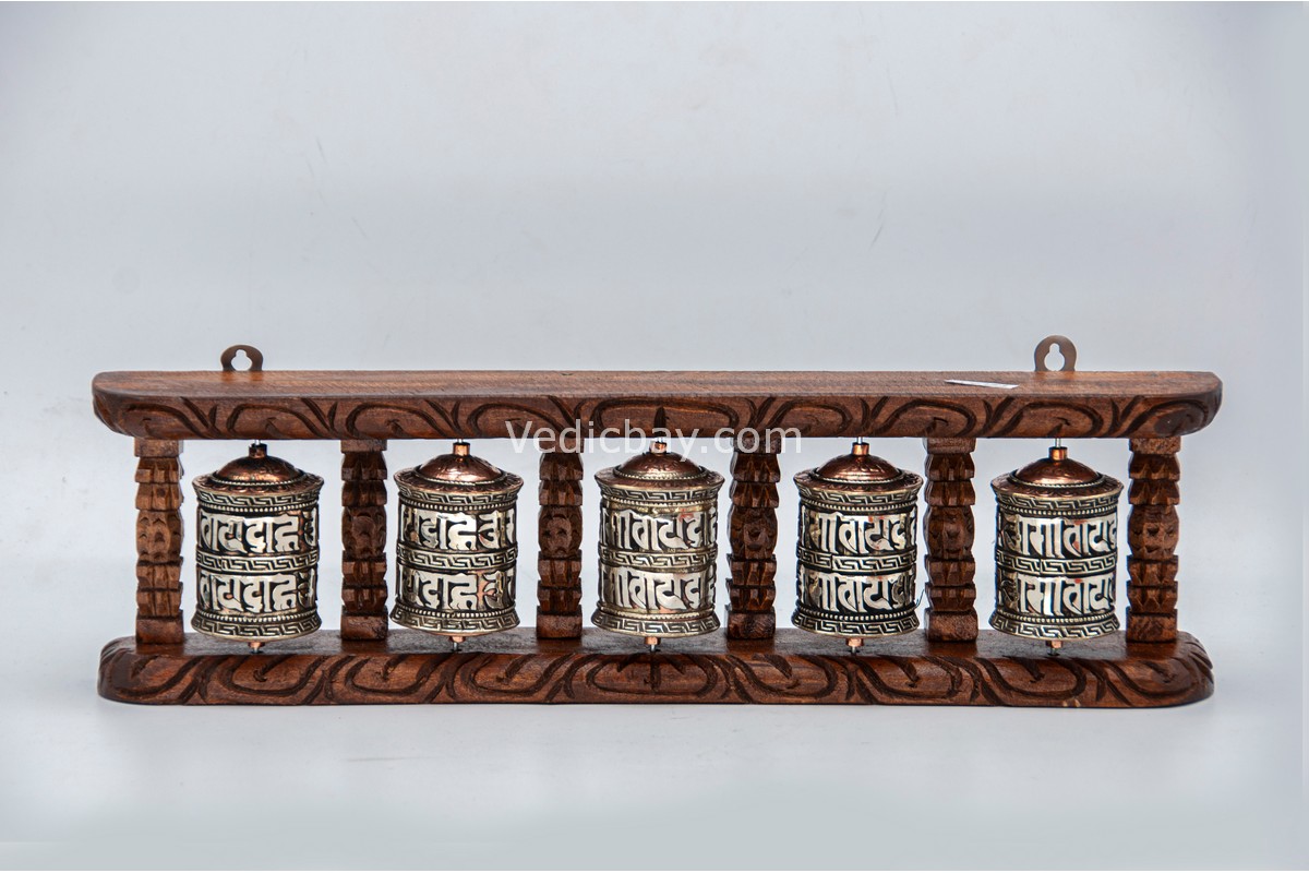 “5-in-1 Tibetan Prayer Wheel with two-line mantra – 15.5 inch brass and wood – handmade in Nepal”