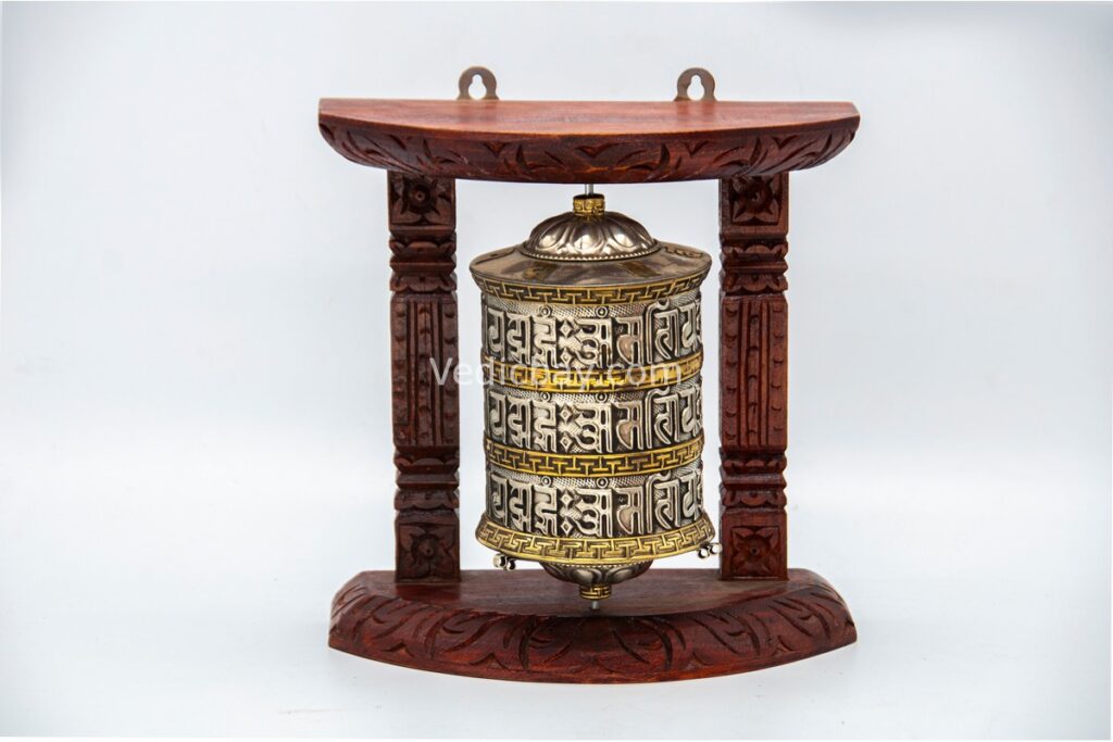 8-inch Wall Hanging Tibetan Prayer Wheel with Wooden Frame – Handmade Mantra Wheel from Nepal