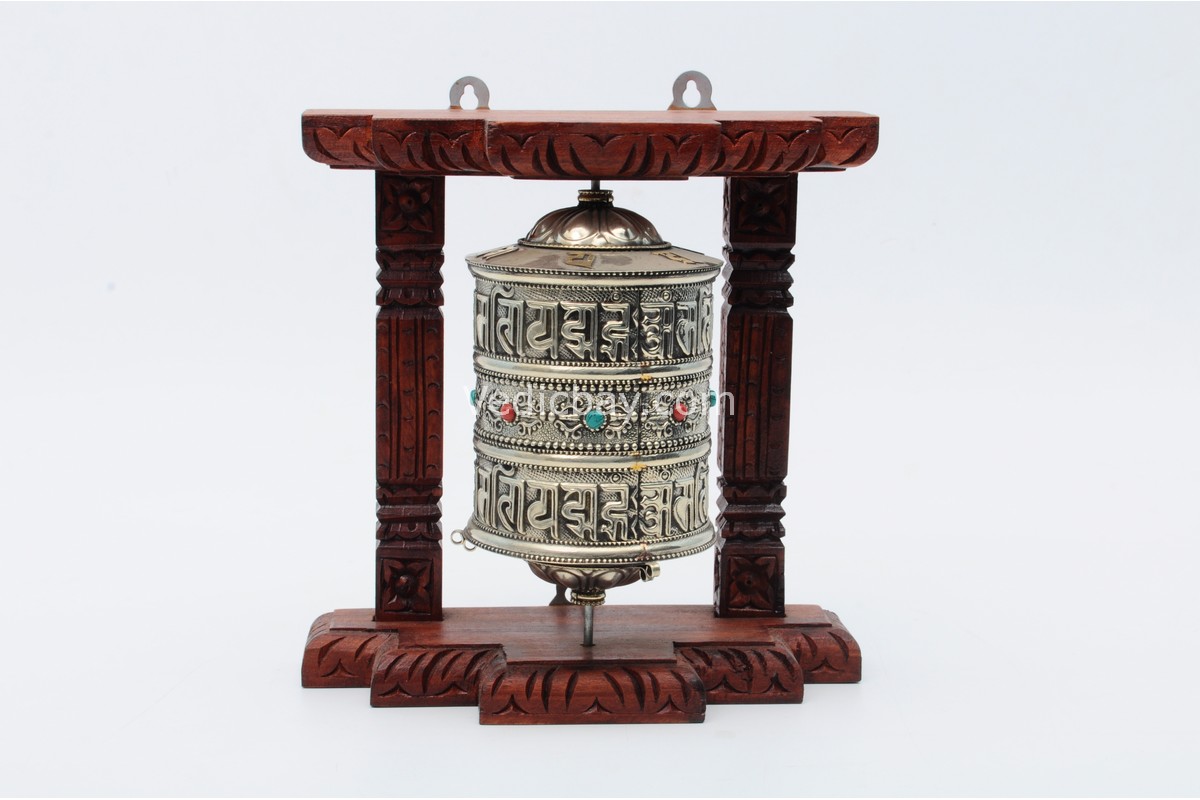 8-inch wall hanging Tibetan Prayer Wheel with wooden frame and embossed Om Mani Padme Hum mantra