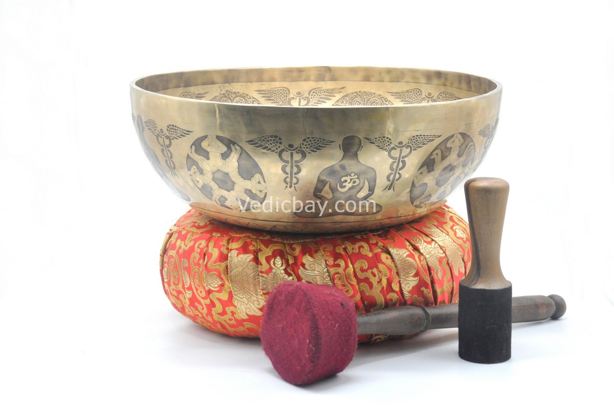 Large handmade Chakra Yogi singing bowl with 7 chakra symbols, for meditation and healing