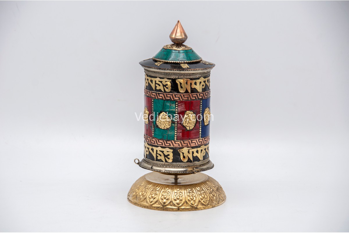 Tibetan Prayer Wheel – 7.5 Inch Tabletop with Eight Lucky Symbols and Stones – Handmade in Nepal