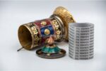 Tibetan Prayer Wheel – 7.5 Inch Tabletop with Eight Lucky Symbols and Stones – Handmade in Nepal