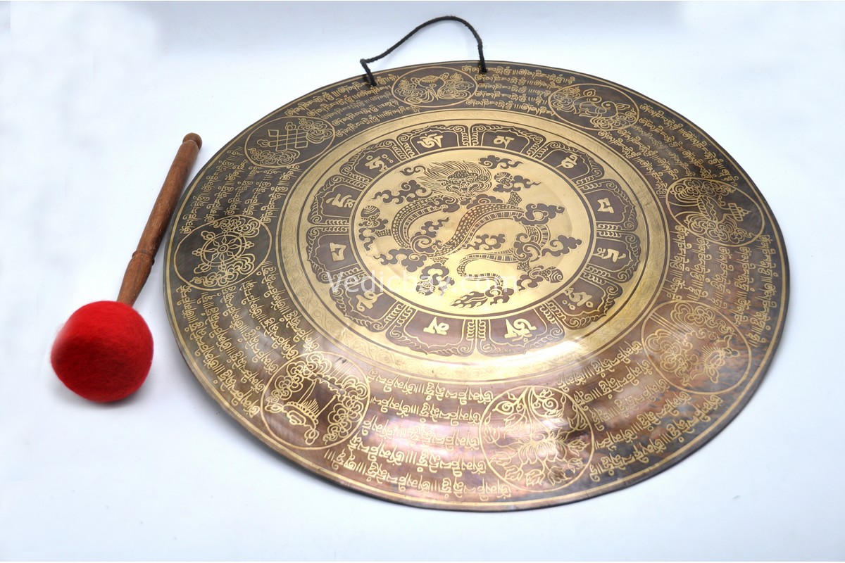 Dragon Etched Tibetan Gong – Handmade Gong with Mantra Etching for Chakra Healing, Meditation & Sound Bath – Includes Felt Striker – Made in Nepal