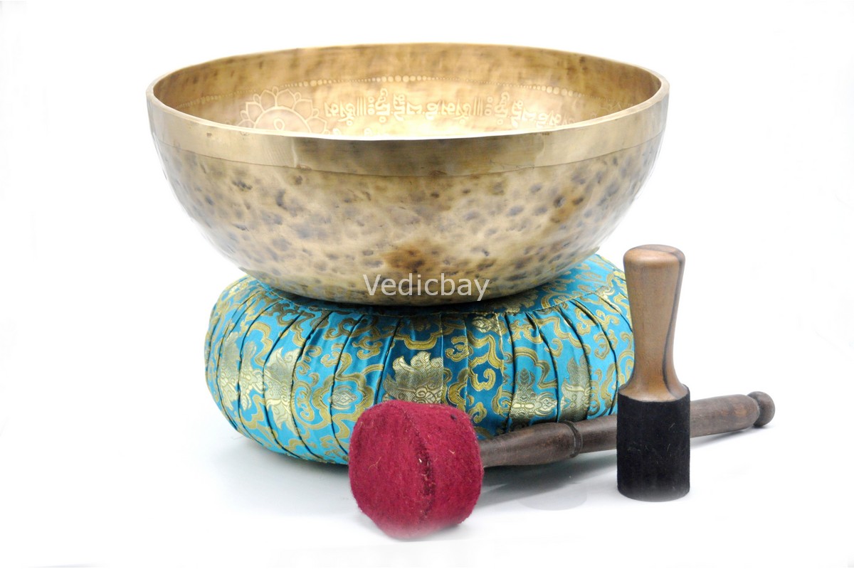 Extra large handmade singing bowl featuring Hindu Om symbol and Tibetan mantra etching
