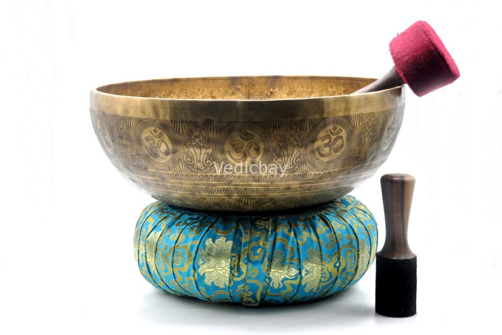 Extra large handmade Shiva singing bowl with Nataraja center, Tibetan mantras, Om symbols, and Shree Yantra on the base