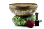 Large handmade singing bowl with Flower of Life center, Tibetan mantras, and sacred symbols