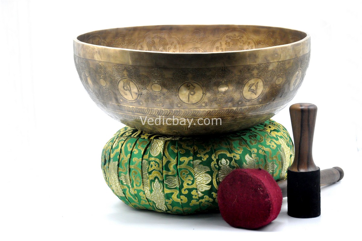 Large handmade singing bowl with Flower of Life center, Tibetan mantras, and sacred symbols