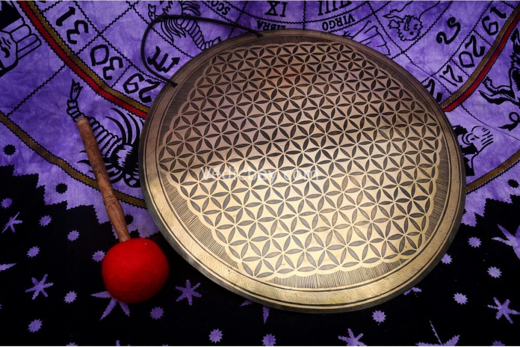 Flower of Life Tibetan Gong – Handmade Sound Healing Gong with Sacred Geometry and Mantra Carving – Includes Felt Striker – Made in Nepal