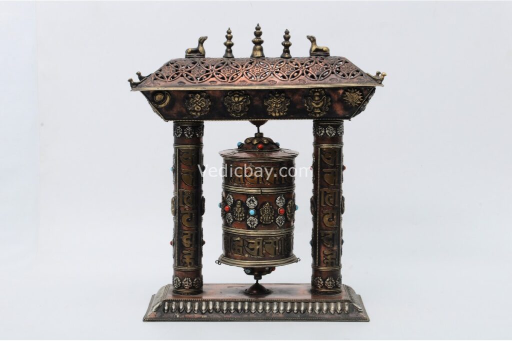 Pagoda Style Copper Frame Tibetan Prayer Wheel with Mantra