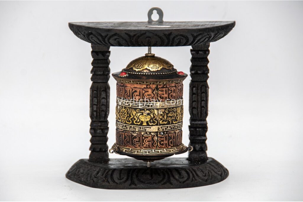 6-inch wall-hanging Tibetan Prayer Wheel with Eight Lucky Symbols and mantra, handmade in Nepal