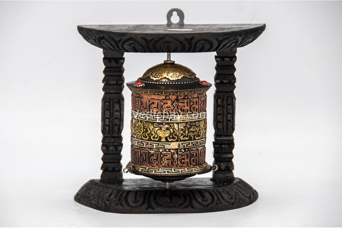 6-inch wall-hanging Tibetan Prayer Wheel with Eight Lucky Symbols and mantra, handmade in Nepal