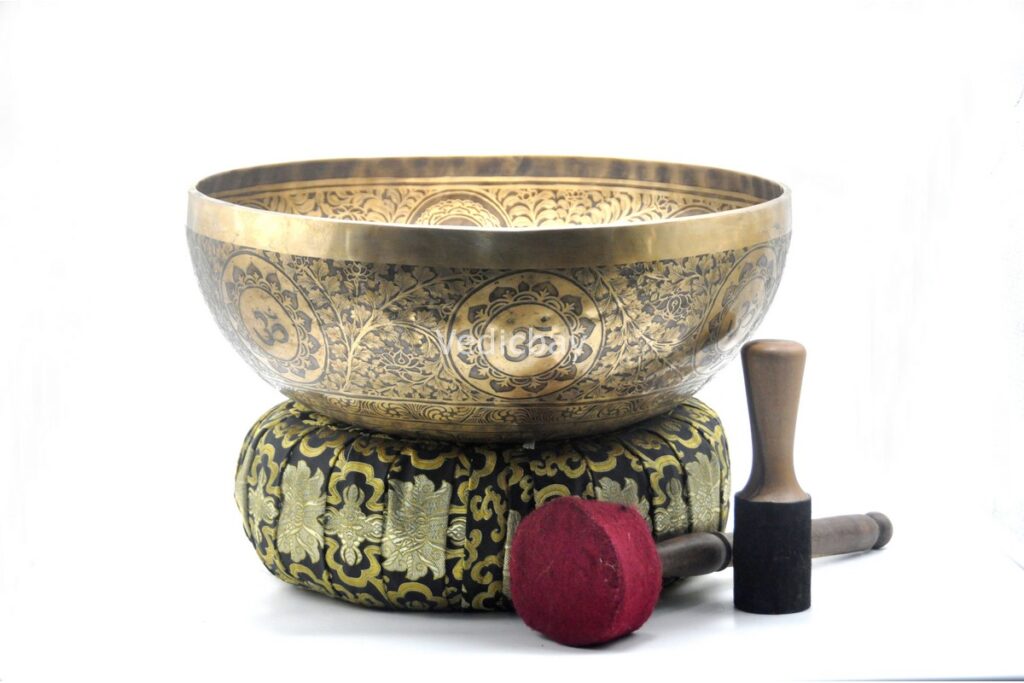 Large handmade Chakra Yogi singing bowl with Om and mantra etching, forged in Nepal