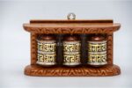 3-in-1 Tibetan Prayer Wheel with two-line mantra – 7 inch brass wheels on wooden frame – handmade in Nepa