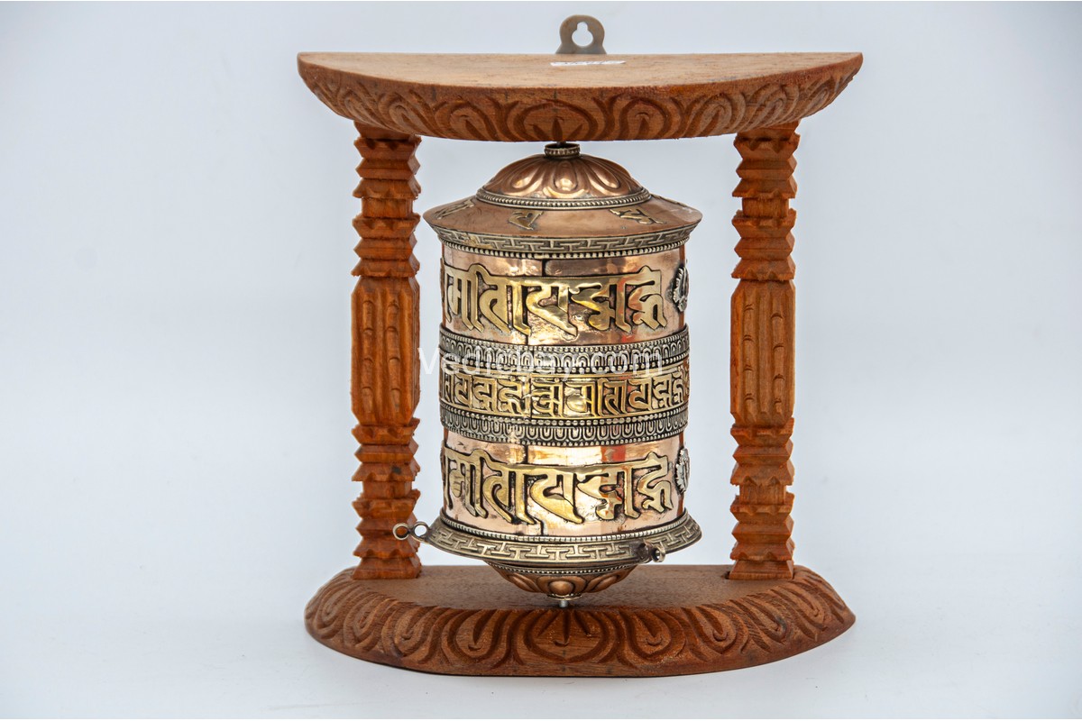 8-inch Tibetan prayer wheel wall hanging with 3-line mantra and Austamangal symbols, handmade in Nepal