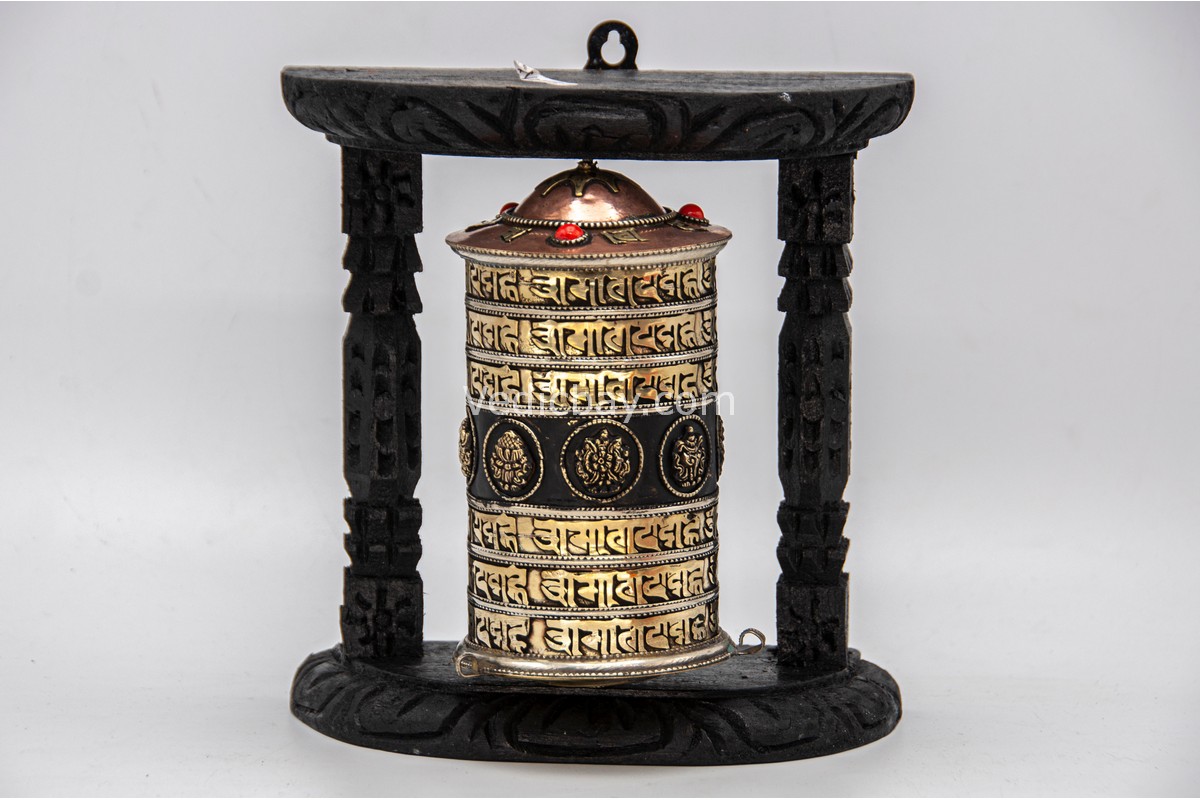 7.5-inch wall hanging Tibetan prayer wheel with wooden frame and Austamangal symbols, handmade in Nepal