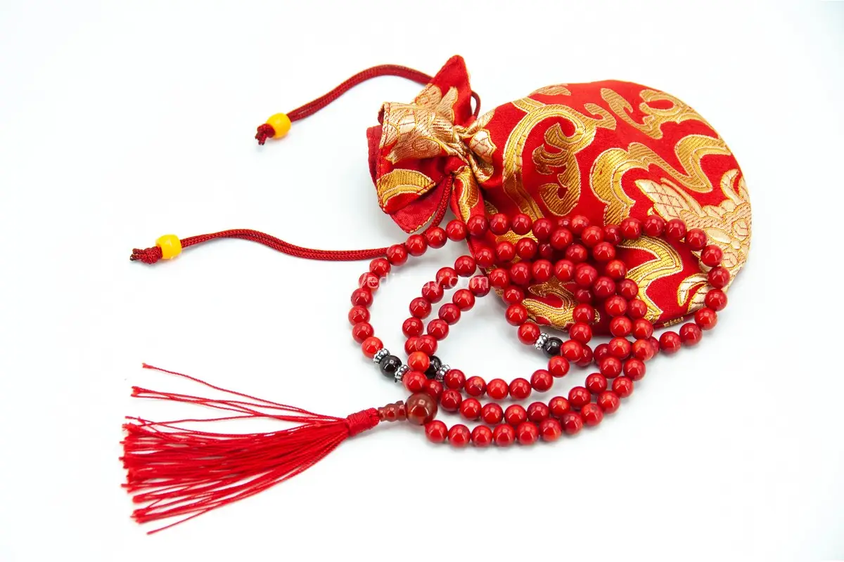 Red Coral Prayer Beads (Mala) – handcrafted 108-bead mala made from natural red coral, symbolizing vitality, courage, and inner strength. Ideal for meditation, mantra chanting, and energy work.