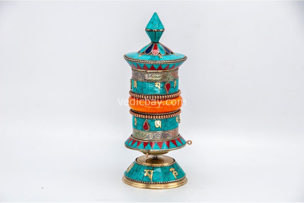 Tibetan Prayer Wheel – 10 Inch Tabletop with Stone Inlay – Handmade in Nepal