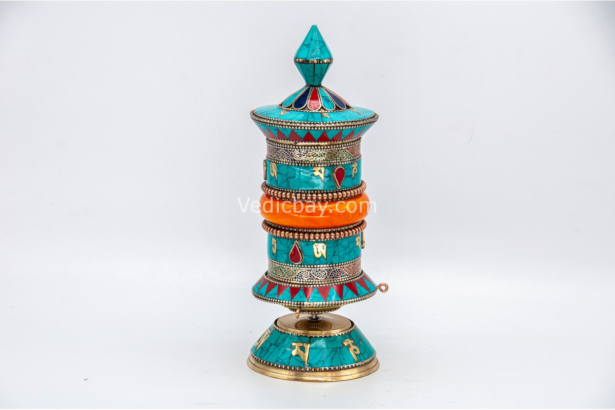 Tibetan Prayer Wheel – 10 Inch Tabletop with Stone Inlay – Handmade in Nepal
