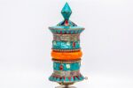 Tibetan Prayer Wheel – 10 Inch Tabletop with Stone Inlay – Handmade in Nepal